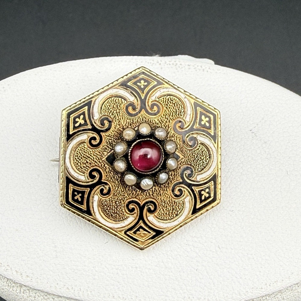 Antique 14K Yellow Gold Garnet Seed Pearl Pendant Brooch Pin Victorian Hexagon